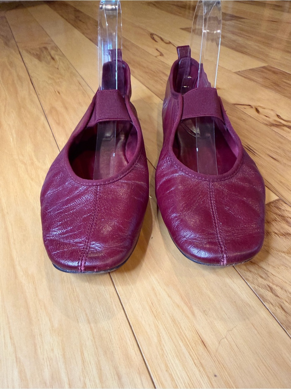 Zara Wine Red Leather Ballet Flats with Elastic Crossover Strap - Picture 3 of 11